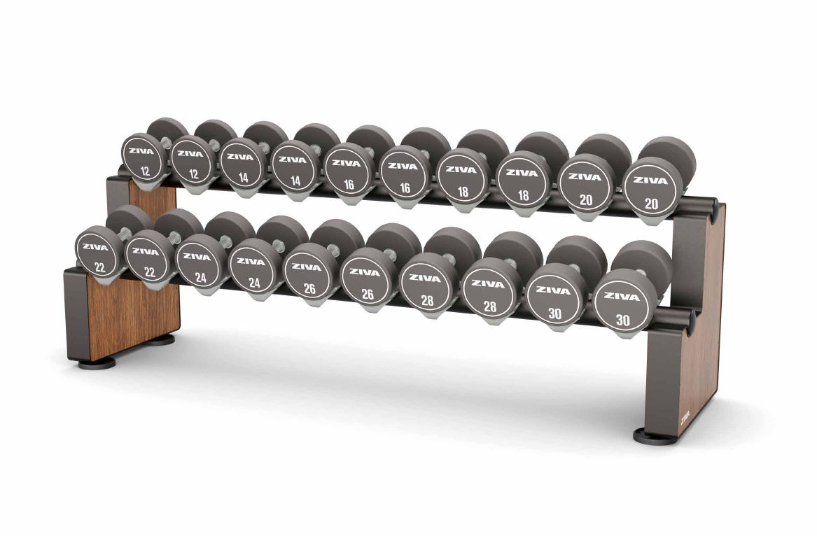 Wood-finish LUMINA rack with grey dumbbells